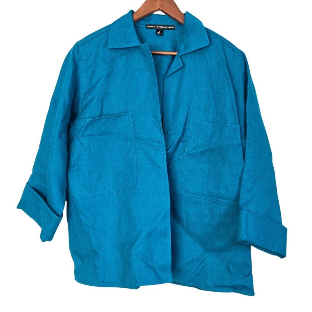 Vintage 90s Designer Ellen Tracy Vibrant Turquoise Linen Open Front Jacket 8
